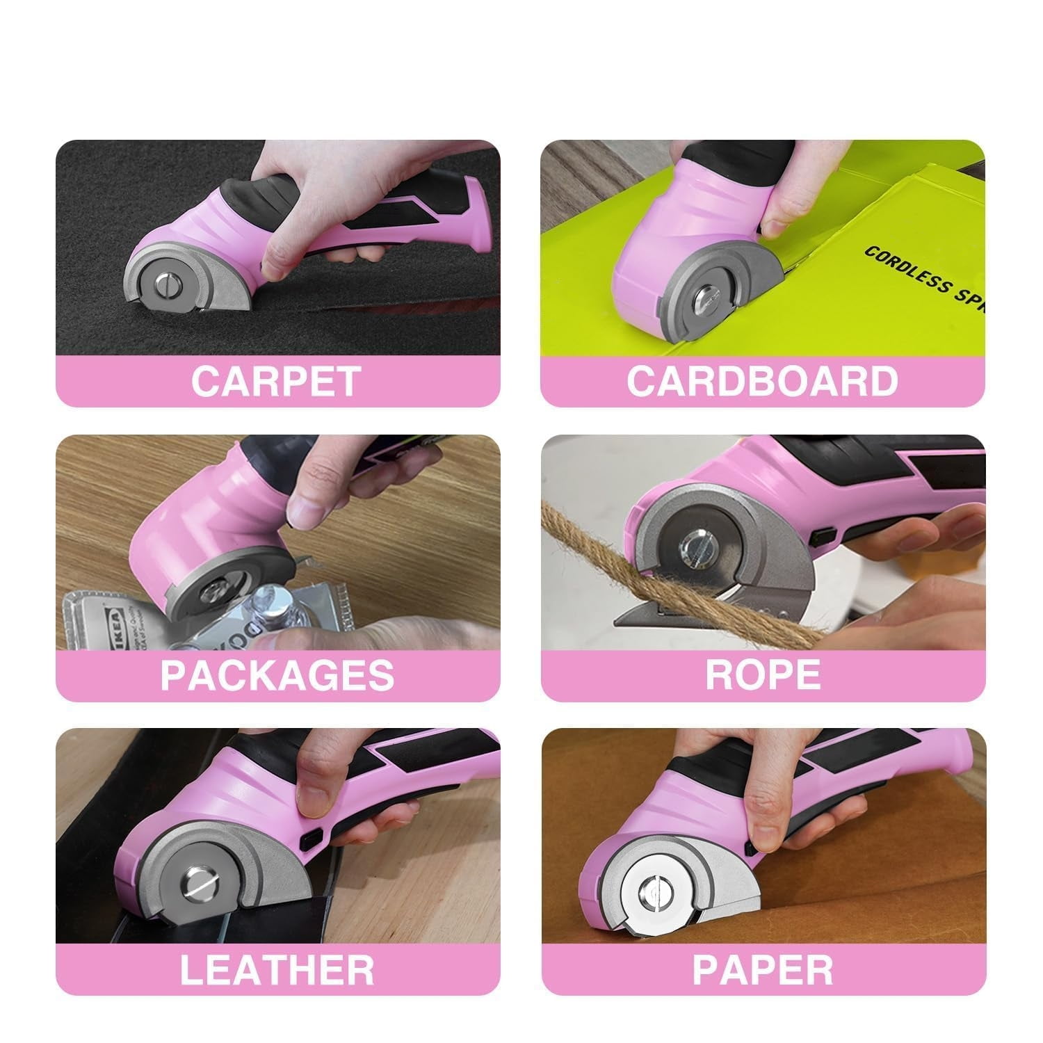Cordless Electric Scissors, 4V Mini Cardboard Cutter, Carpet Cutter, Box Cutter W/a Self-sharpening Blade, Rotary Cutter for Cardboard, Plastic, Leather, and Packages (Pink)