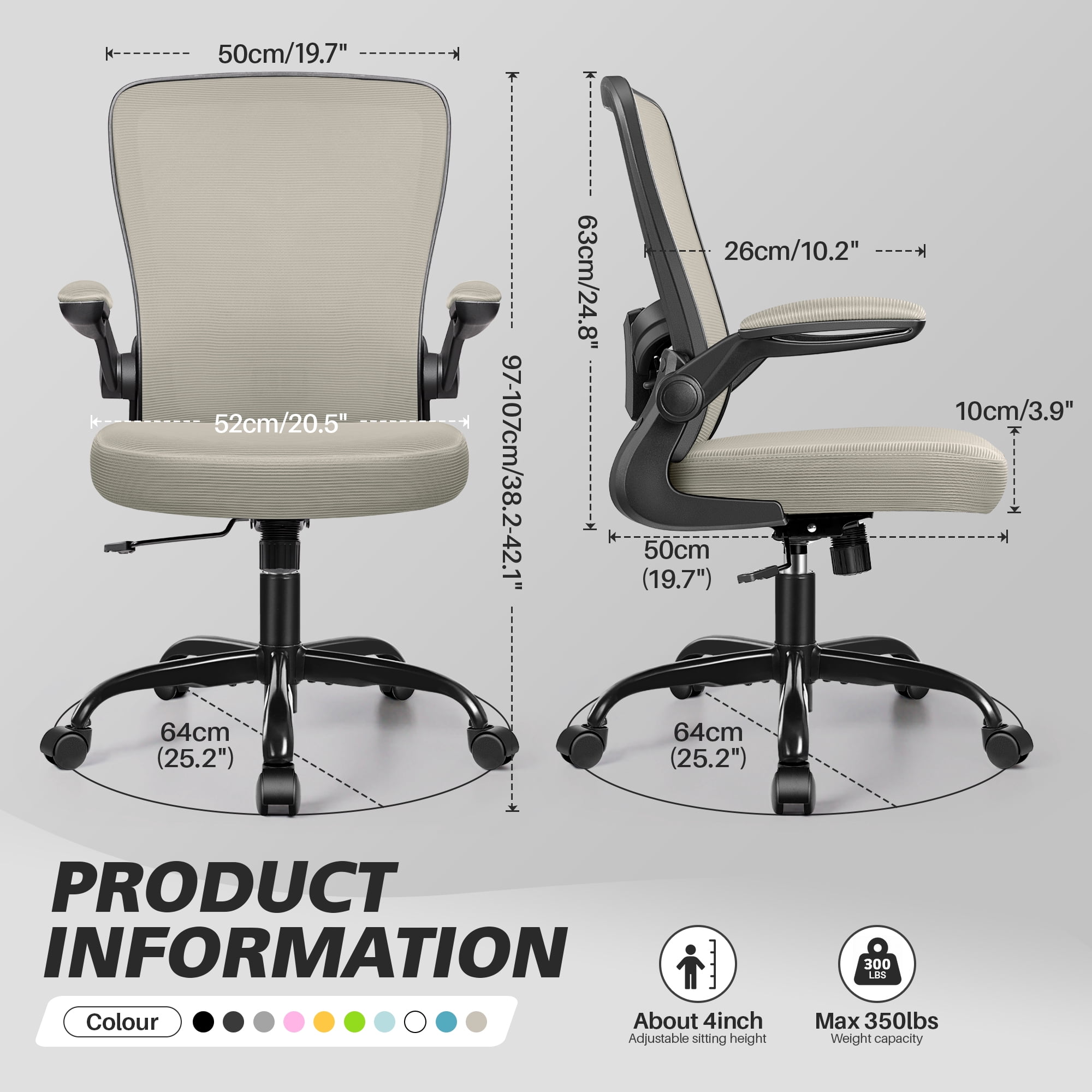 COOLHUT Ergonomic Office Chair, Home Office Desk Chair, Comfort Mesh Task Chair with Adjustable Lumbar Support and Flip up Arms, Gray