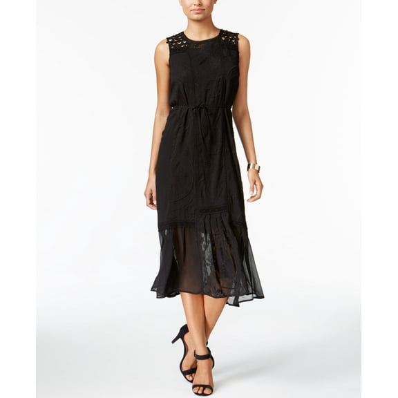 Chelsea and Theodore Embroidered Mixed-Media Dress (Black, Small)