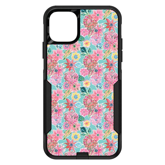 DistinctInk Custom SKIN / DECAL compatible with OtterBox Commuter for iPhone 11 Pro (5.8" Screen) - Preppy Pattern - Pink Flowers on Teal Background