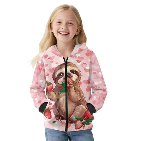 Psesaysky Little & Big Girls Full Zip Up Hoodie Sloth Strawberry Print Pink Hoodies Jacket for Girl Kids Long Sleeve Hooded Fashion Sweatshirt Size M