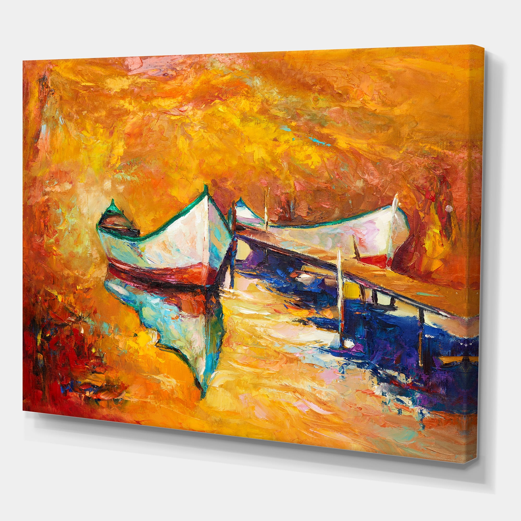 Designart ' Little Boat During Warm and Orange Evening ' Nautical & Coastal Canvas Wall Art Print