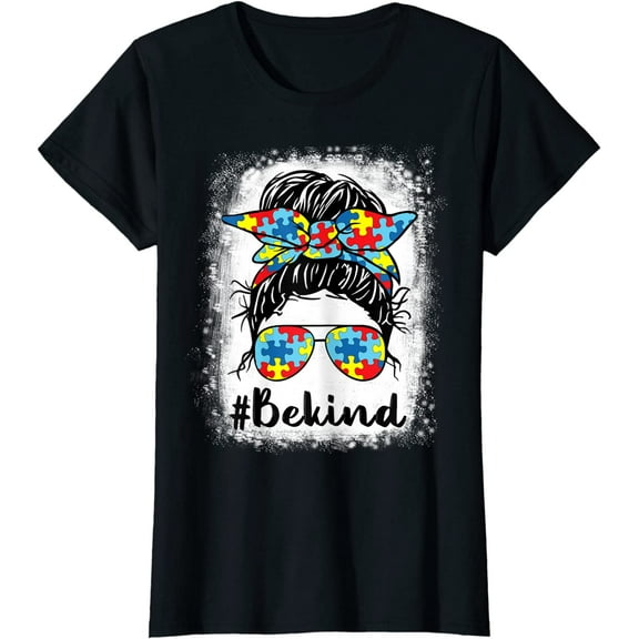 Be Kind Autism Awareness Messy Bun Girl Tees T-Shirt