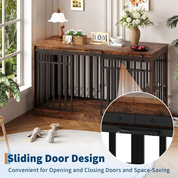 Studyset Heavy Duty Metal Wooden Dogs Kennel Indoor Dog Cage, 55" Extra Large Dog Crate Furniture with Sliding Door and 2 Bowls for Medium Large Dogs TV Stand, Rustic Brown