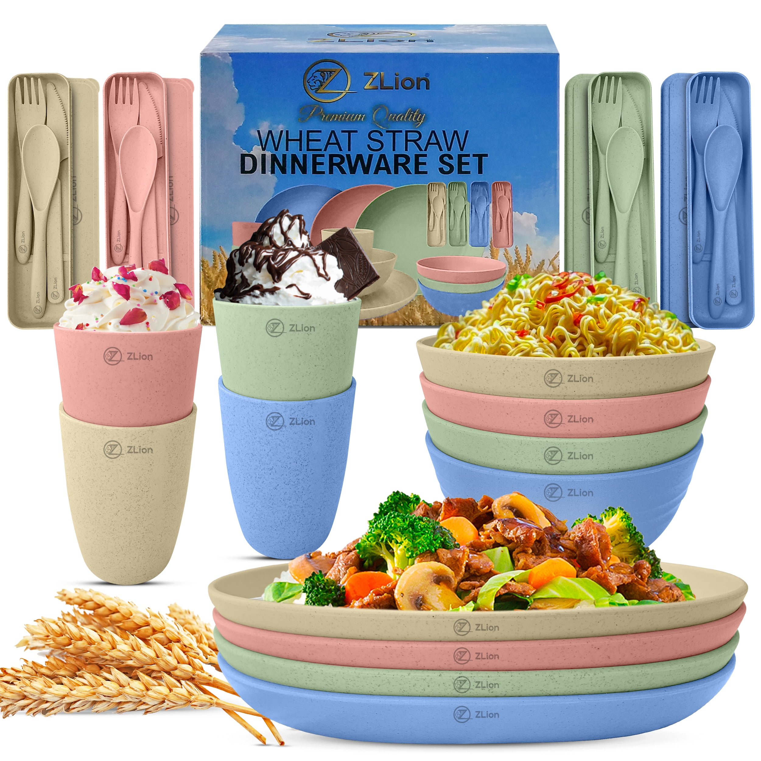 Straw Tableware 28pcs Wheat Straw Dinnerware Set for 4. All-in-1 Plate Set by ZLion ...