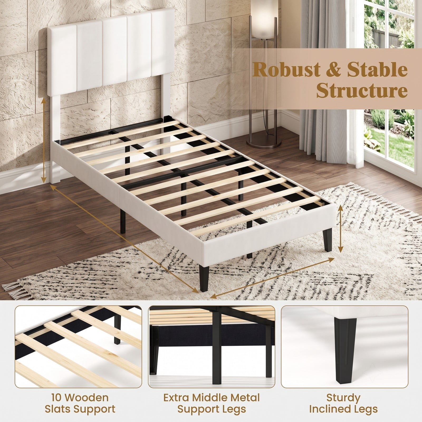 Furnibear Twin Size Velvet Upholstered Platform Bed Frame with Adjustable Vertical Channel Headboard and Wood Slat Support, Beige