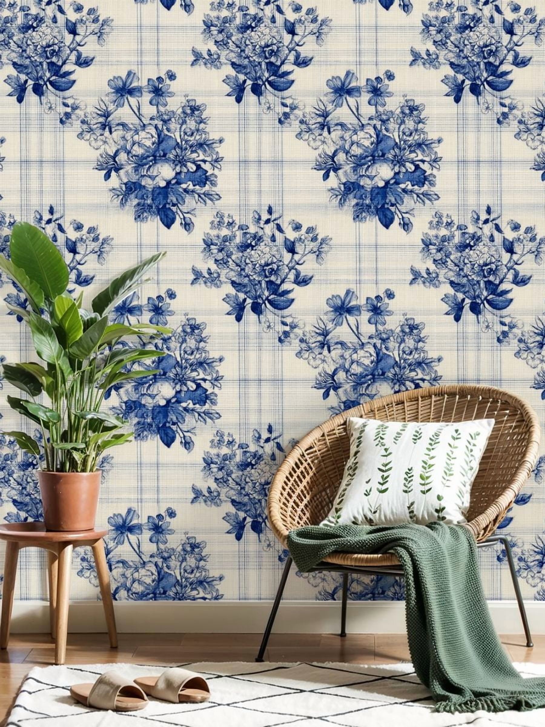 Farmhouse Peel and Stick Wallpaper 17.7in x 9.8ft Blue Floral Roses Wildflowers Contact Paper Vinyl Self-Adhesive Removable Wall Paper for Bedroom Kitchen Cabinet Renter Friendly