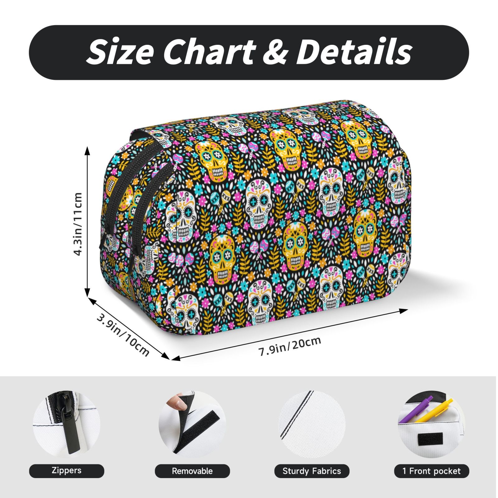 Rateoe Sugar Skulls Pattern Double Clamshell Pen Case, Storage Organizer with Two Zipper Compartments– Holds Up to 50 Pencils & Pens