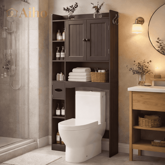 Over the Toilet Storage Cabinet, Aiho 66" H Bathroom Space-Saving Organizer Above Toilet with 2 Doors & Adjustable Shlef, Perfect for Bathroom, Laundry, Dark Brown