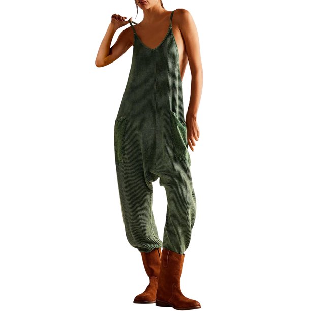 Pantalones Monos Cuello en V Una pieza Color sólido Bolsillos para mujer Traje diario Kuymtek Verde T XL para Mujer