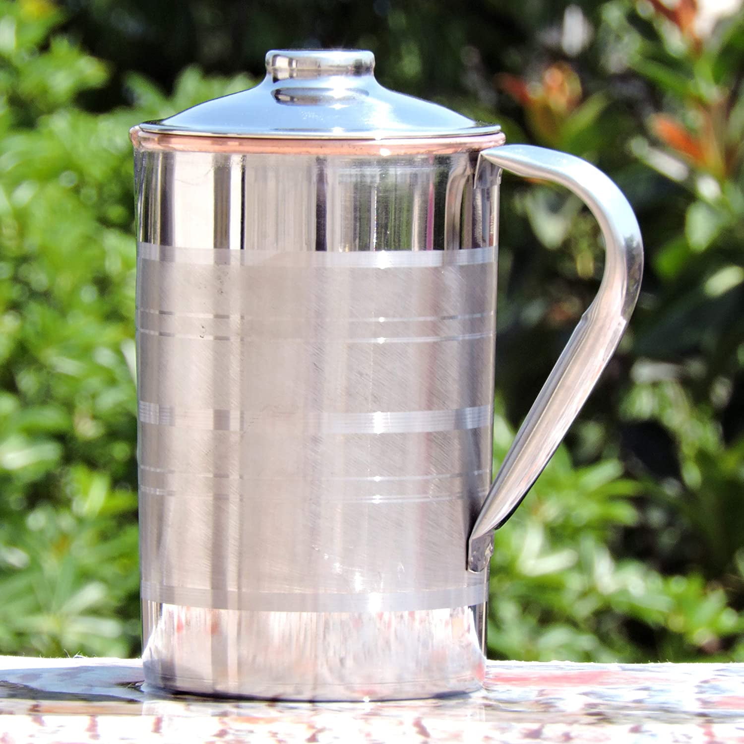 Outer Stainless Steel and Inner Copper Pitcher with Lid UNLINED, UNCOATED and LACQUER Free, Carries 1.7 Lt. (57.48 US Fl Oz) Water