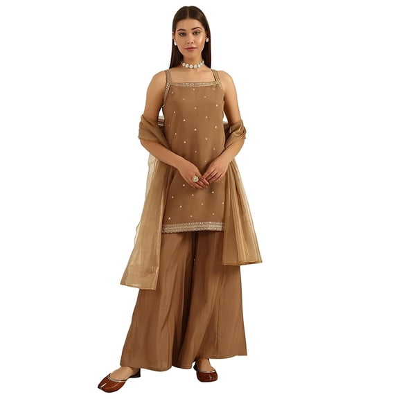FIORRA Women's Brown Viscose Chanderi Straight Kurta with Palazzo and Dupatta - Indian Ethnic Traditional Wear Kurta Set