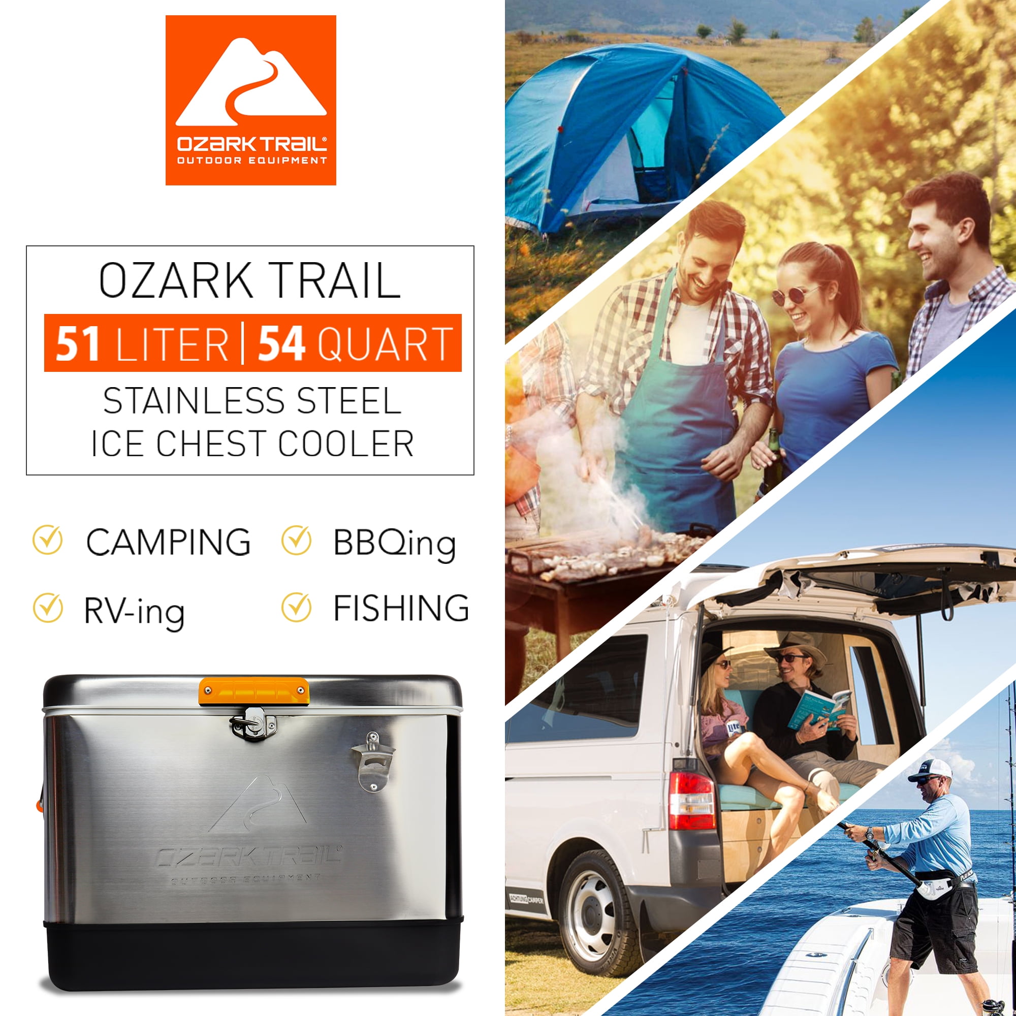 Glacière Ozark Trail 54 litres, glacière portable en acier inoxydable avec décapsuleur, capacité de 85 canettes, 51 litres