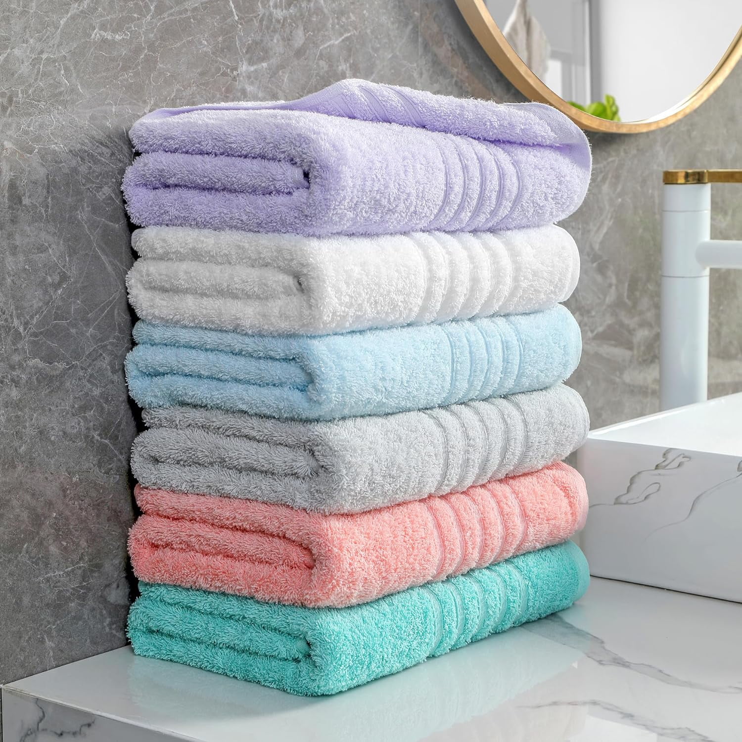 Towels 6 Pack Bath Towel for Bathroom, 100% Cotton (24 x 48 Inches) High Absorbency Quick Drying (Light Grey)