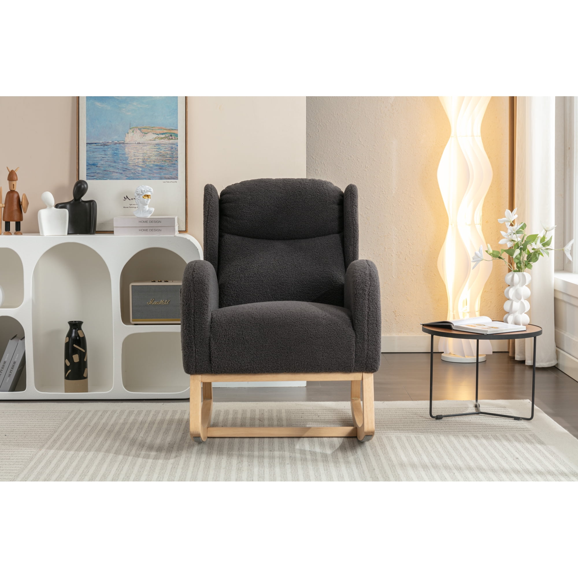 Rocking Chair Nursery,Teddy Fabric Uplostered Rocking Glider Chair with Side Pocket,Modern High Backrest Single Sofa for Living Room, Hotel, Bedroom, Baby Room,Dark Gray