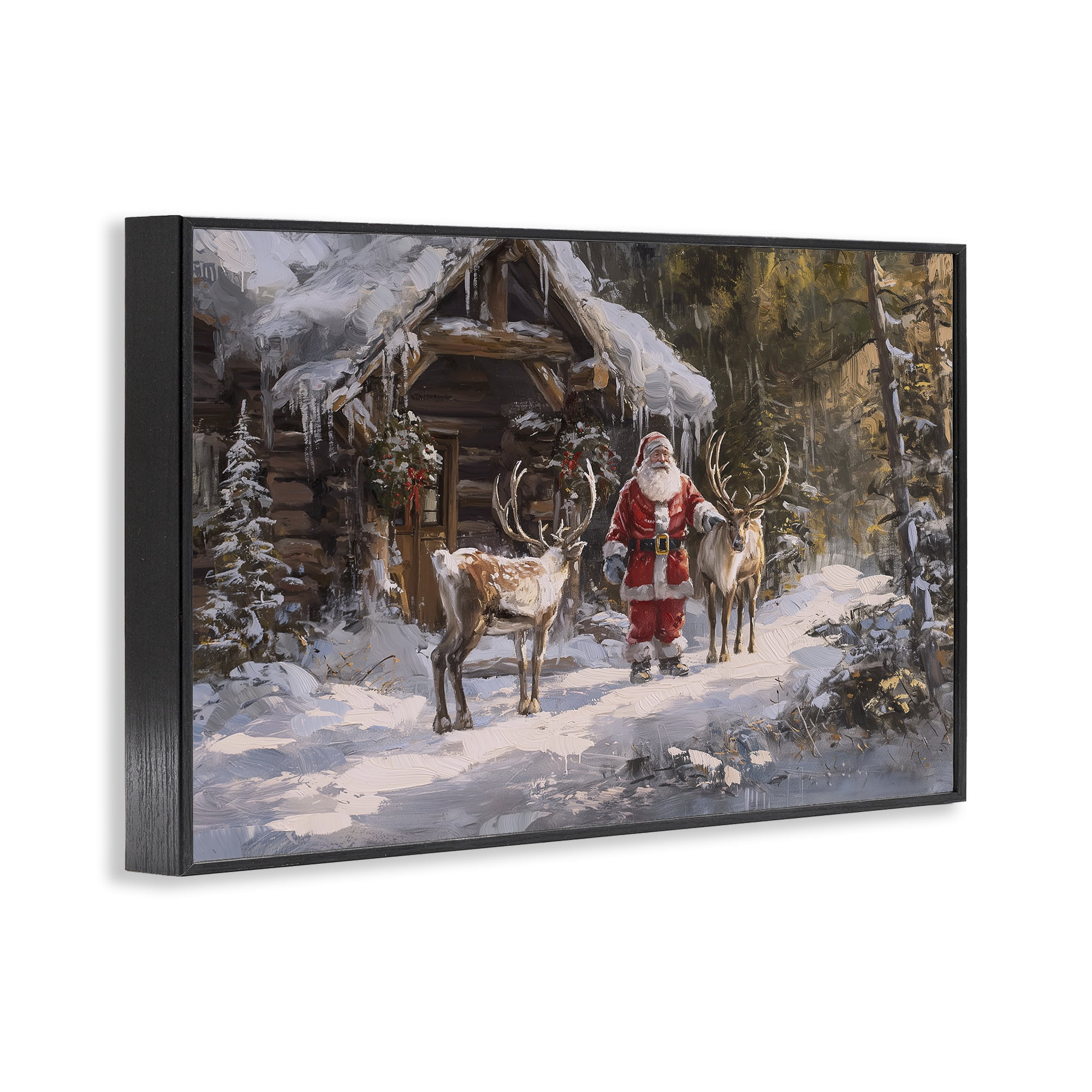 Stupell Industries Traditional Santa by Cabin Holiday Painting Black Framed Art Prints Wall Art, 18 x 12