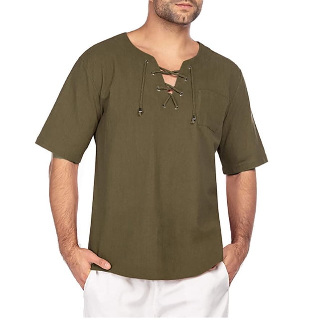Camisa de playa holgada de cuello en V y manga corta con cordón para hombre - Tejido de lino, estilo retro informal, yoga/deporte
