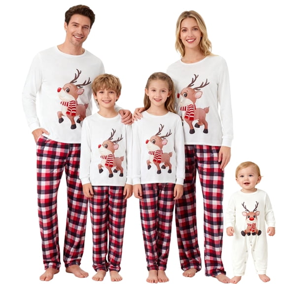 Family Matching Christmas Pajamas Outfits Long Sleeve Elk Printed Tops Elastic Plaid Pants