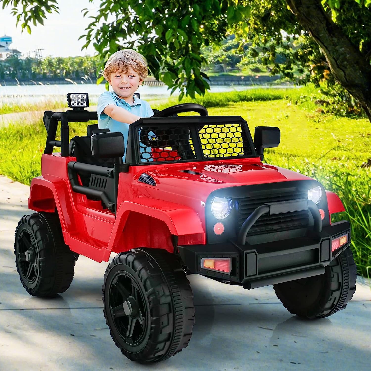 OLAKIDS Kids Ride On Truck, 12V Electric Vehicle Car with Remote Control, Toddlers Battery Powered Toy with 2 Speeds, Spring Suspension, Double Open Doors, LED Lights, Music, USB, Mp3 (Red)