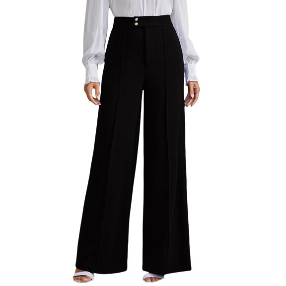 Htigea Womens Straight Leg Dress Pants High Waisted Button Pleated Business Trousers Solid Color Office Work Commute Pant Black S