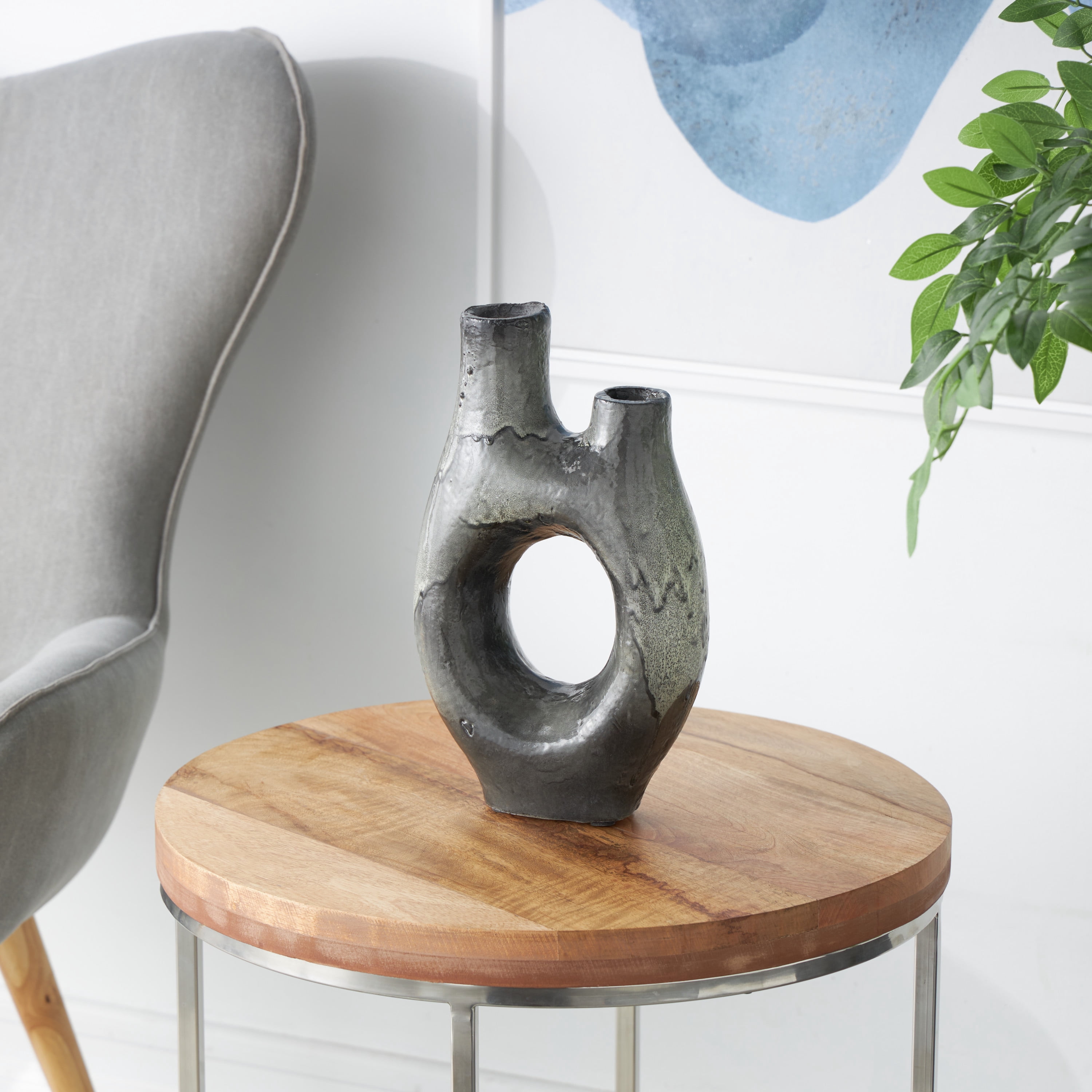 DecMode 13" Abstract Circular Gray Paper Mache Vase with Dual Openings