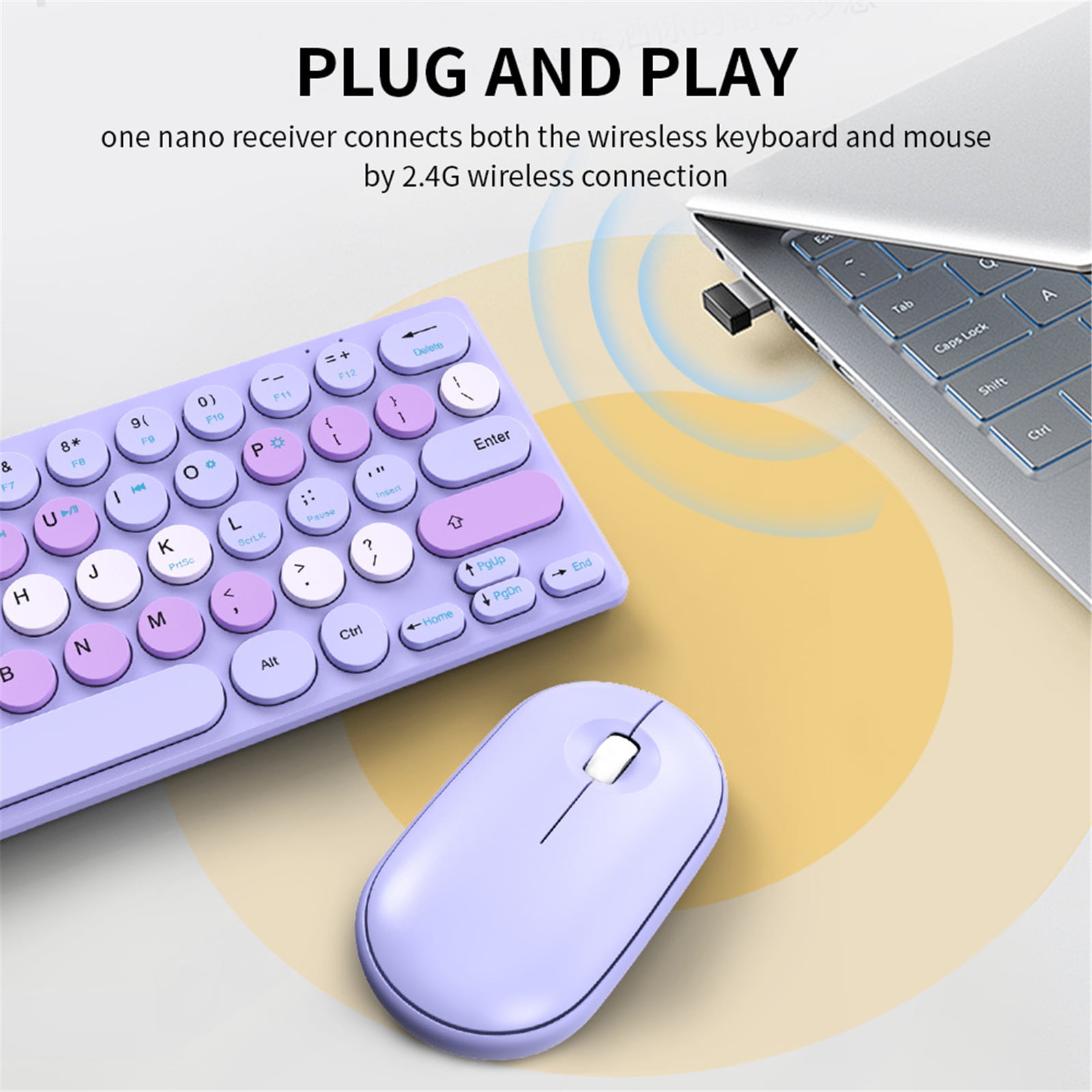 Retro Round Keycap Wireless Keyboards Bundles 2.40G Silents Button Long For Home Office Setups