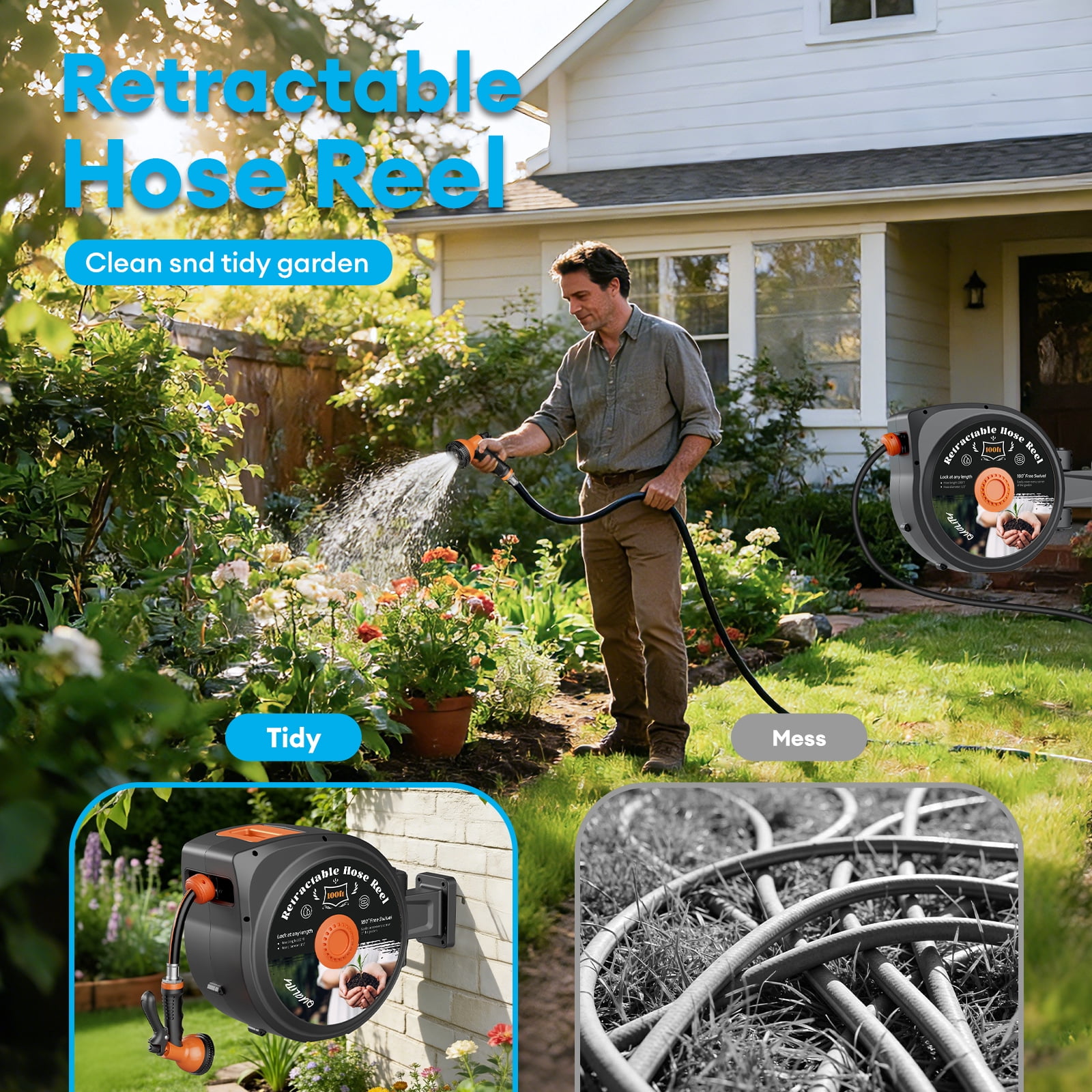 TABU Retractable Garden Hose Reel, 1/2 Inch x 130 FT Hose Reel with 10 Pattern Nozzle, Slow Return System & 180°Swivel Bracket