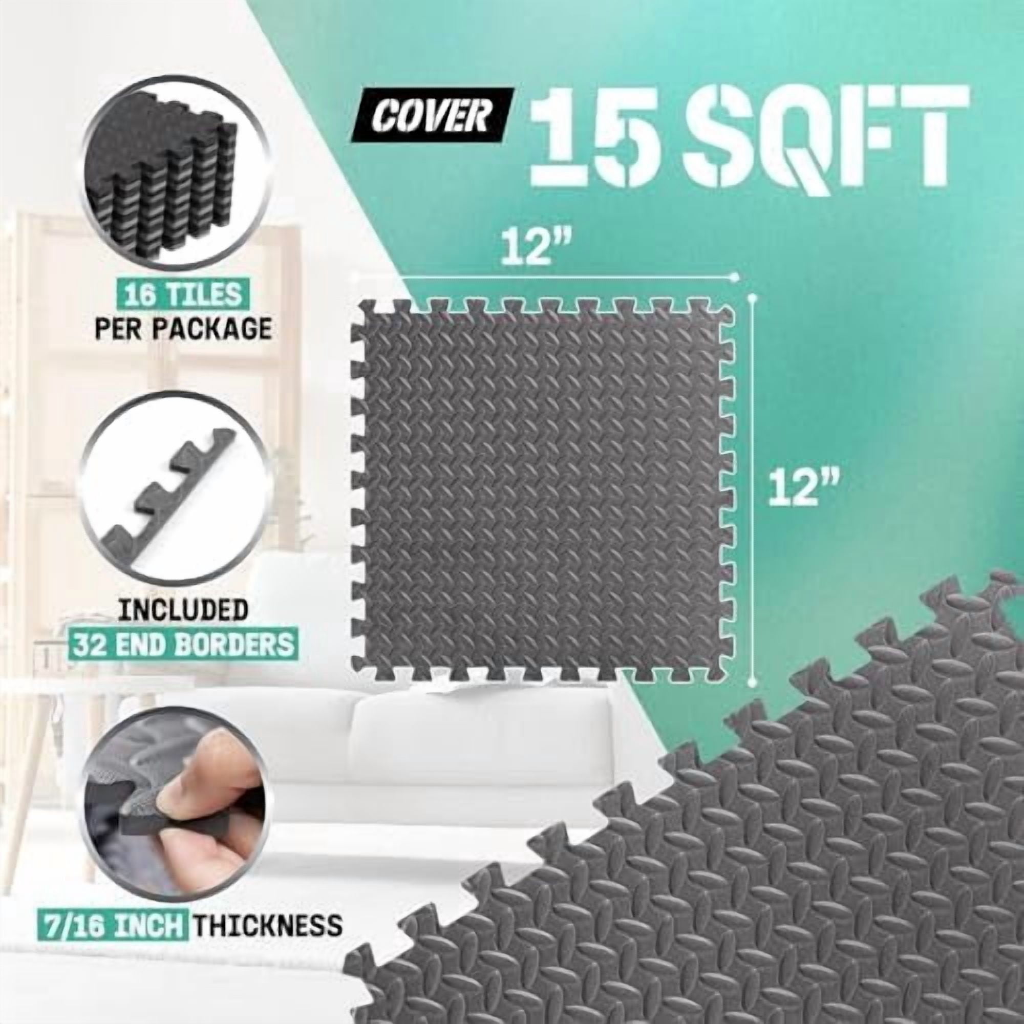 EVA Interlocking Mats, Puzzle Floor Tiles, Foam Floor Padding with Border for Furniture, Home Space, Living Room, Garage 11,15,32,99 SQFT
