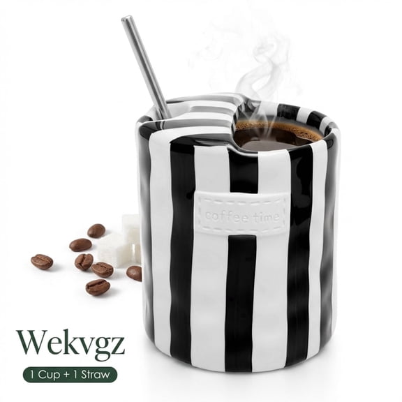 10oz Striped Ceramic Coffee Mug with Sip Hole and Straw Retro Hand Painted Handleless Cup for Espresso and Iced Latte Black 1 Pack