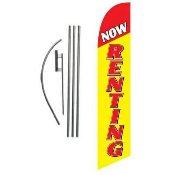 Now Renting Advertising Feather Banner Swooper Flag Sign with Flag Pole Kit and Ground Stake