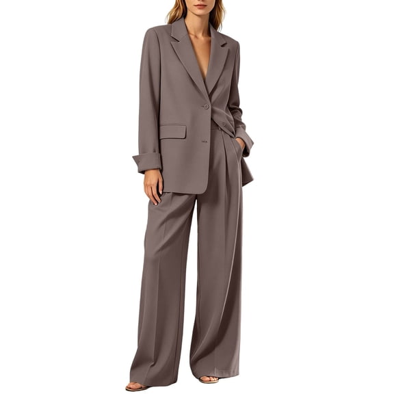 Floleo Women Solid Lapel Single Button Blazer Jacket High Waist Pleated Wide Leg Pants 2 Piece Business Suit Set