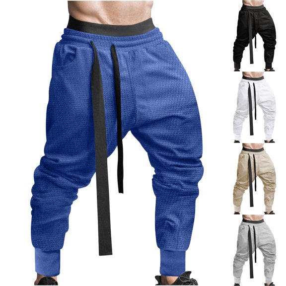 UVEASISHA Mens Casual Harem Pants Loose Waffle Drawstring Sweatpants Lightweight Tapered Athletic Trousers Elastic Waist Workout Pants with Pockets Today Sales,Black,M