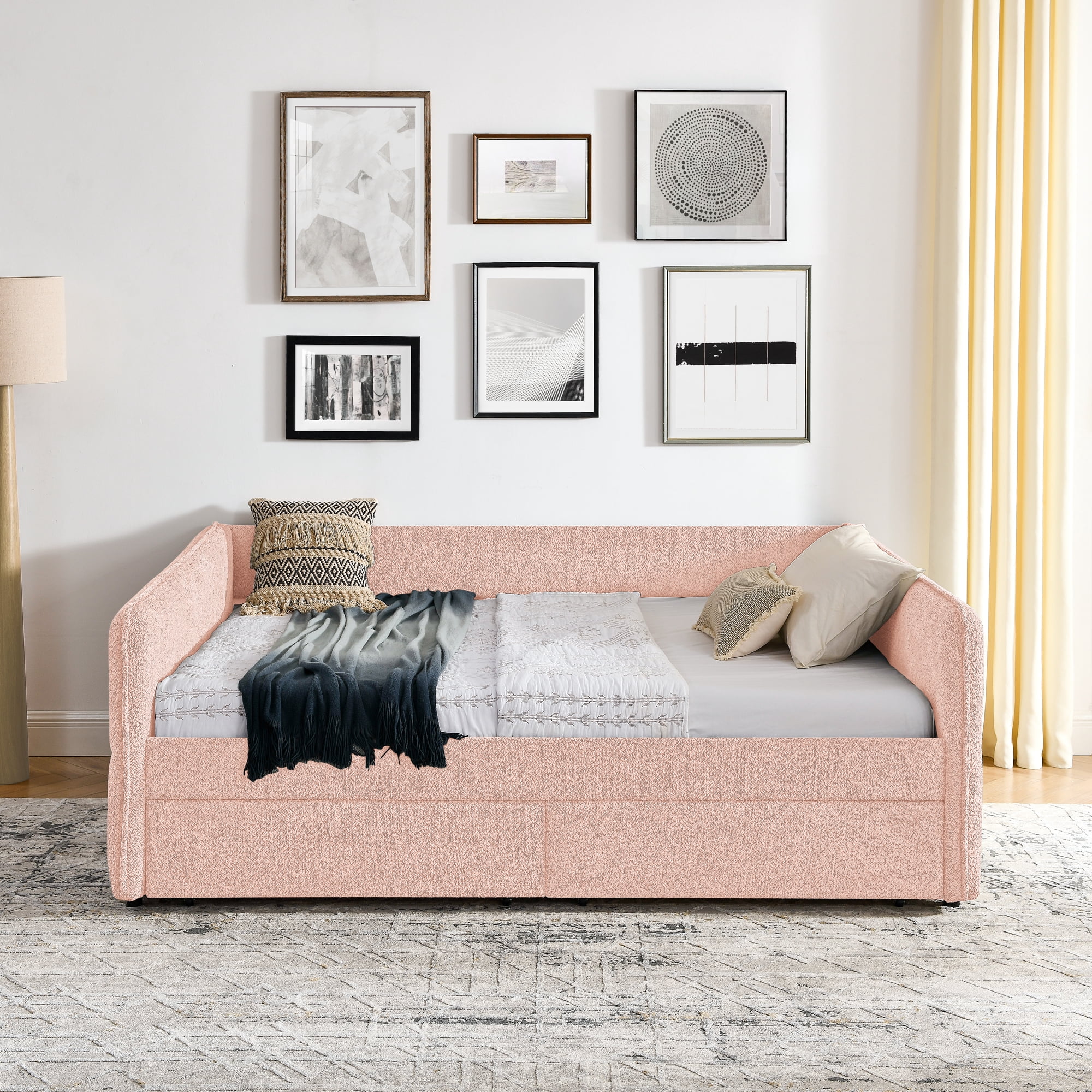 Mintazer Queen Upholstered Daybed with 2 Storage Drawers, Modern Sofa Bed for Living Room & Bedroom, Pink