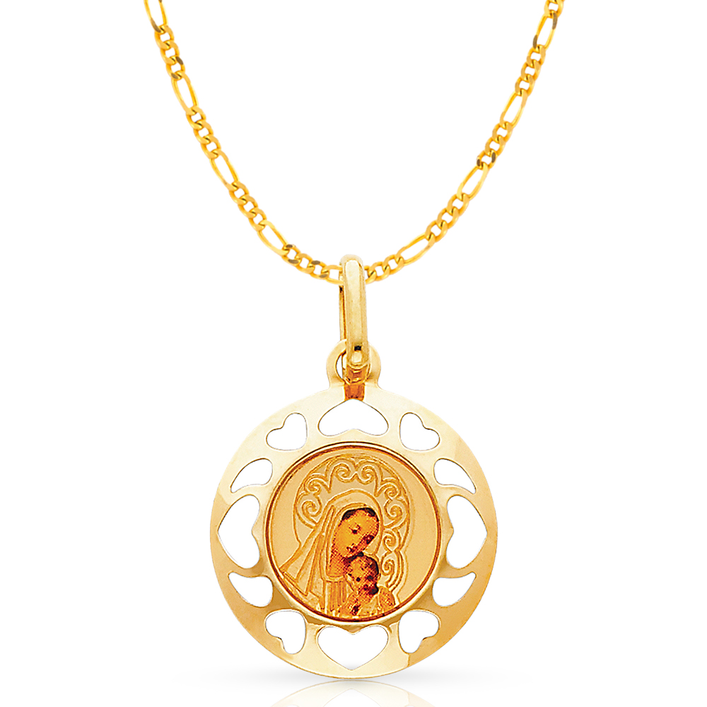 Details about  / 14K Yellow Gold Blessed Virgin Enamel Picture Charm Pendant with 2mm Figaro 3+1