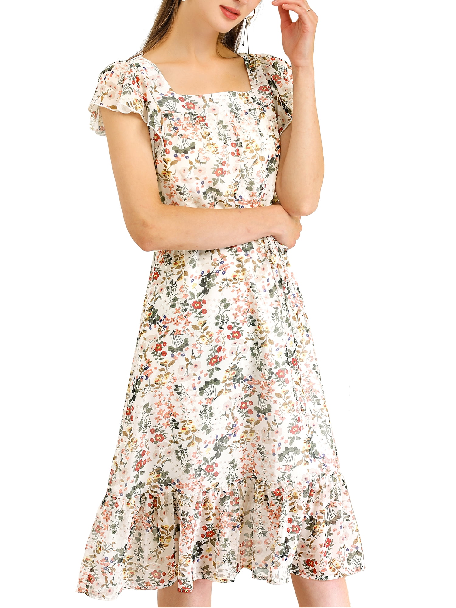 DARING DIVA Square Neck Flutter Sleeve A-Line Midi Dress XL White