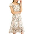 thumbnail image 4 of INSPIRE CHIC Women's Floral Print Elastic Waist Square Neck Ruffled Hem Belted Midi Dress White 2XL, 4 of 6