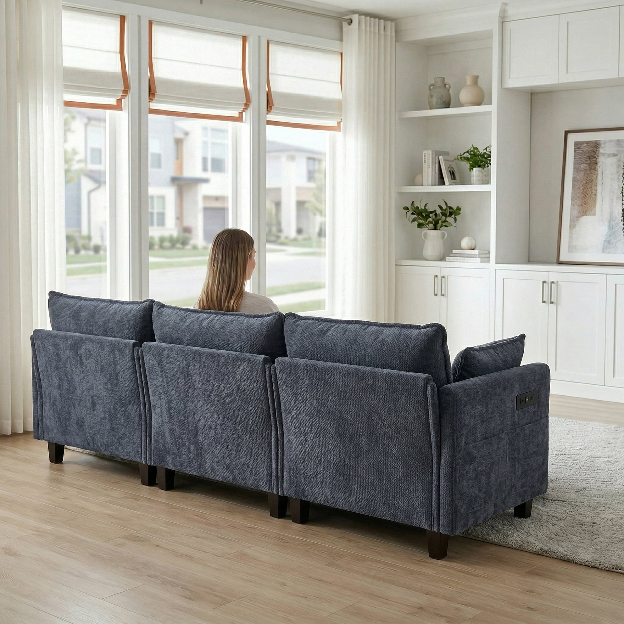 Modern 110"W Chenille L-Shape Sectional Sofa Set,3-Seat Sofa Couch + Ottoman, USB Port, Side Pocket