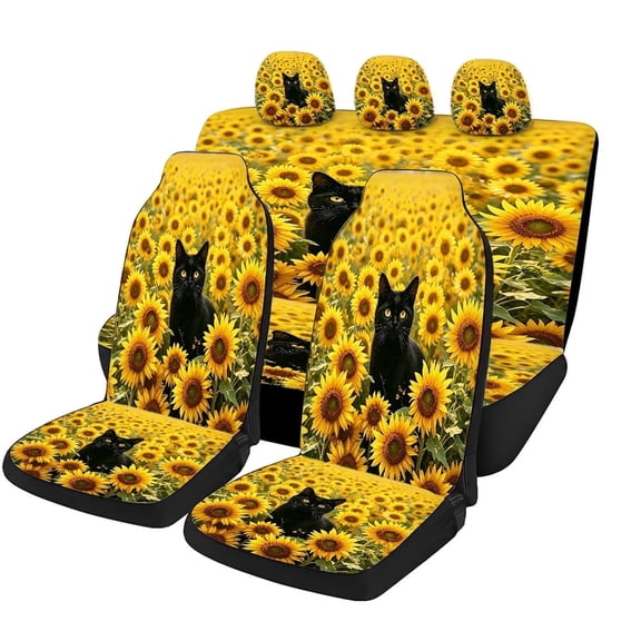 Verolix 5-Piece Full Set Car Seat Covers, Universal Fit Mesh Fabric, Black Cat and Sunflower Floral Design for Cars, SUVs and Trucks