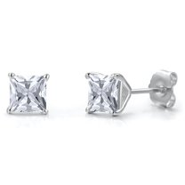 Gem Stone King 14K White Gold White Zirconia Double Notch Stud Earrings | 1.50 Cttw | Gemstone Birthstone | Princess 5MM | Gold Earrings for Women Men