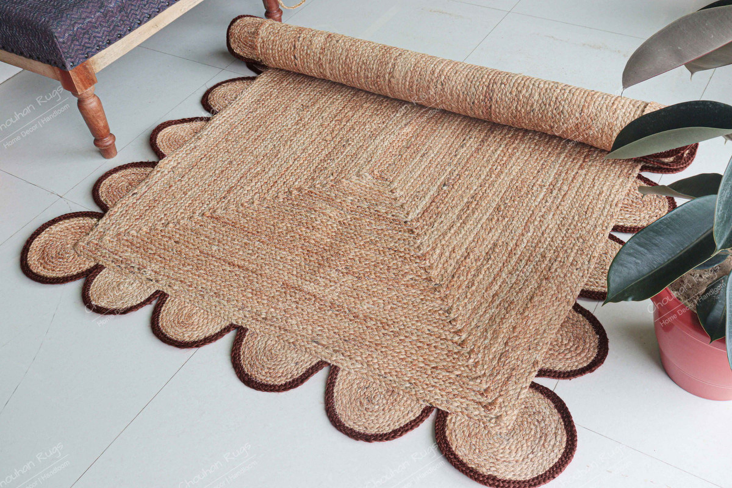 Chouhan Rugs Natural Jute Brown Scalloped Rug Bohemian Rug Decor Rug Handwoven Rug Custom Rug Decorative Rug