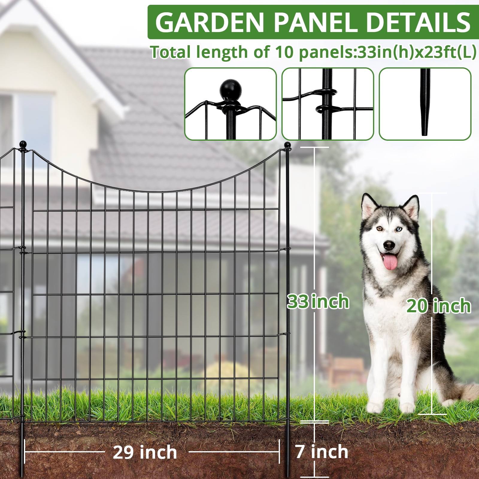 BSHAPPLUS® Garden Fence 10 Pack ,33in (H) x 24ft (L) Metal Fence,Rustproof Decorative Fence,Animal Wire Fence,Wrought Iron Fence, Outdoor Picket Fencing No-Dig for Yard, Lawn and Patio Borders