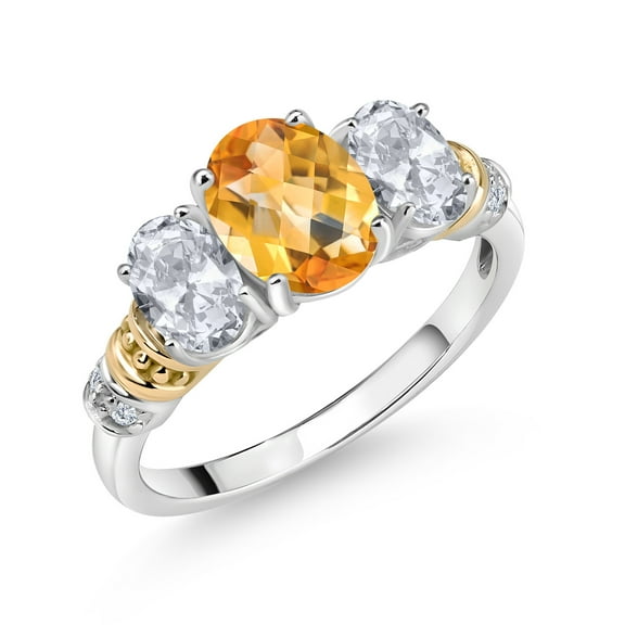 Gem Stone King 925 Sterling Silver and 10K Yellow Gold Oval Yellow Citrine White Topaz and White Diamond 3 Stone Ring for Women (2.48 Cttw, Gemstone November Birthstone, Size 7)