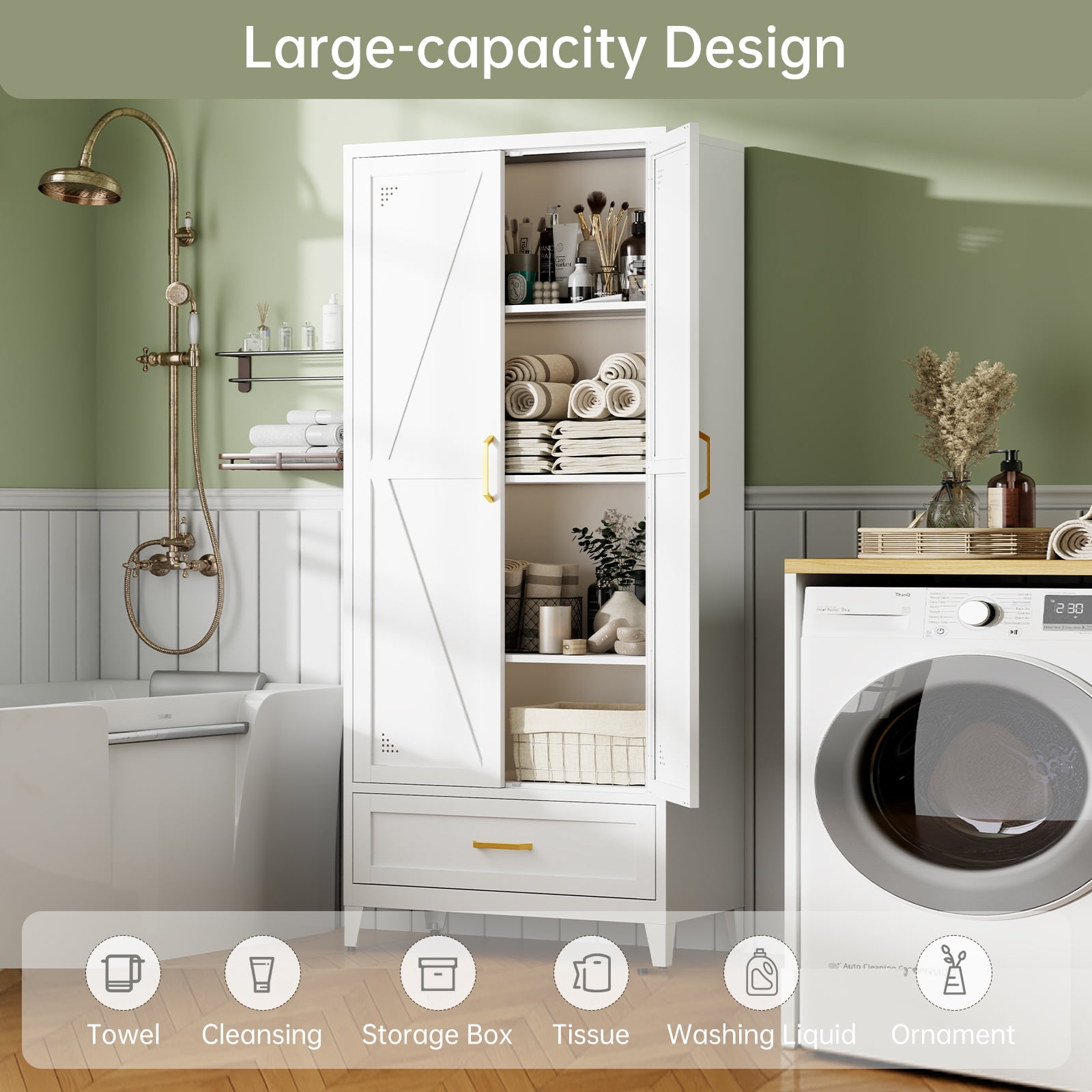 JHYKFG 71" Tall Metal Storage Cabinets,4-Tier Kitchen Pantry Cabinet with 2 Doors and 1 Drawer for Dining Room,Living Room,Hallway,Bathroom,White