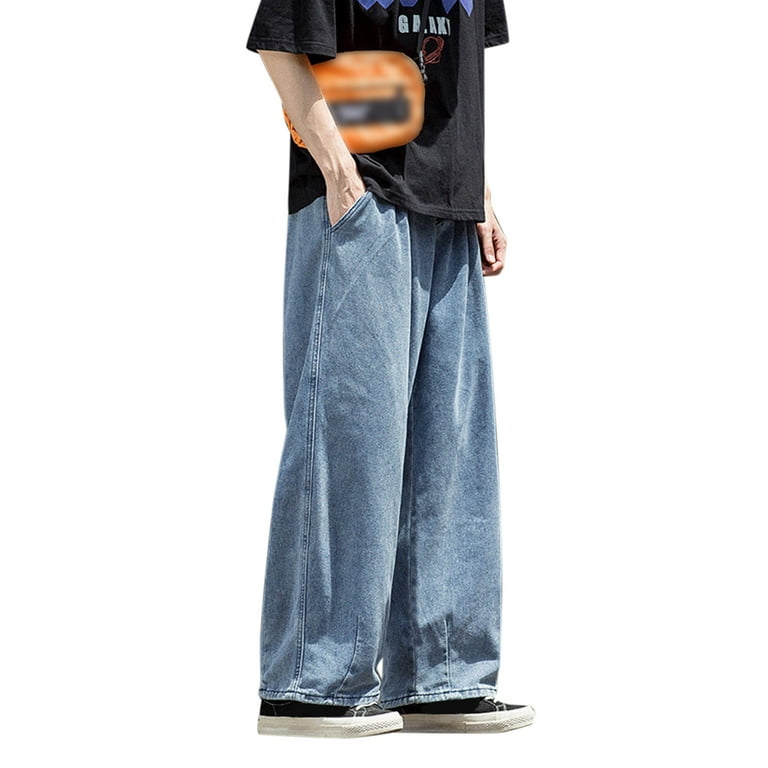 Labakihah Mens Pants Men Fashion Casual Plus Size Loose Elastic Waist Jeans  Street Wide Leg Trousers Pants Blue