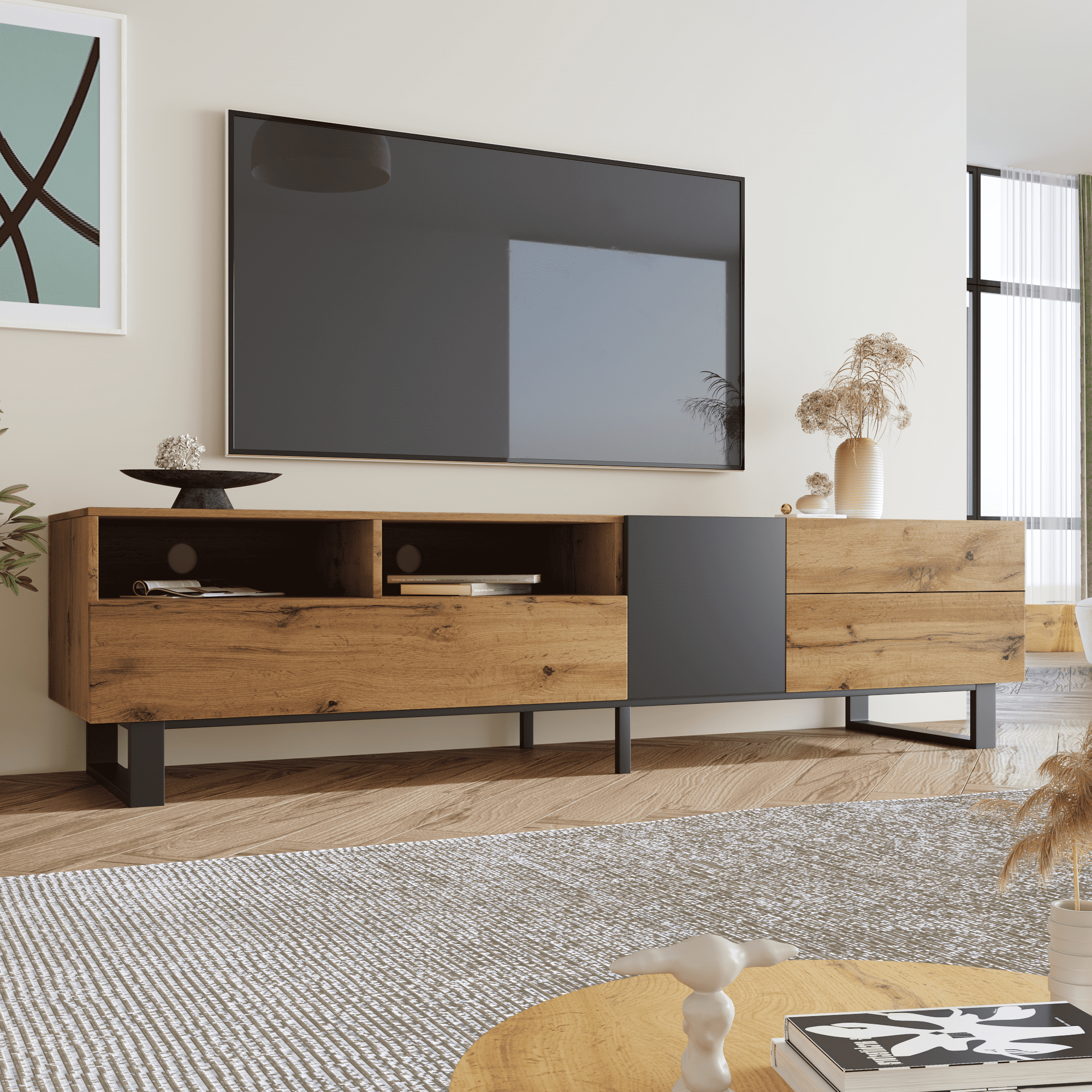 Harper & Bright Designs TV Stand for 80'' TV Stand, Media Console Table, Entertainment Center with Drop Down Door for Home Theatre, Wood