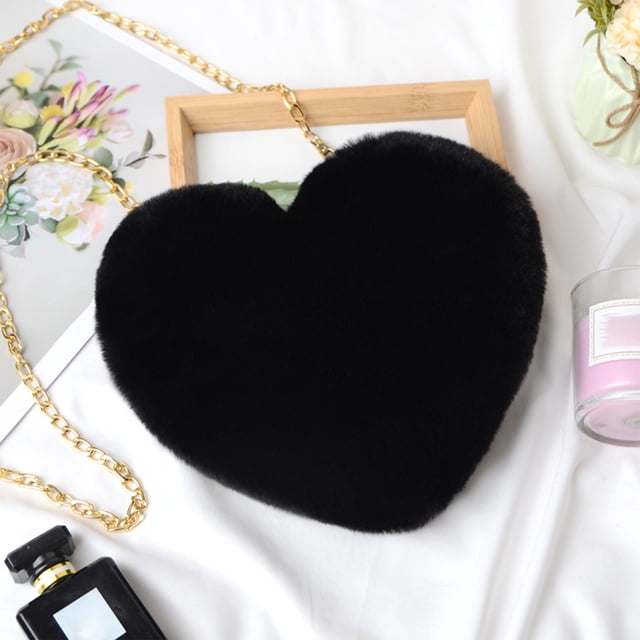 Bolsa de hombro con forma de corazón de moda, con cadena de hombro, con cierre de cremallera, monedero de imitación suave, forrada de material sintético, bolso de piel, forma de corazón, negro