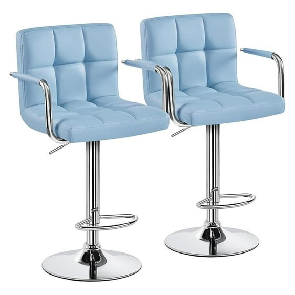 HHBEAUTY Bar Stools Set of 2, PU Leather Adjustable Swivel Barstools, Hydraulic Kitchen Counter Height Chairs with Armrest and Back for Kitchen, Dining Room, Blue