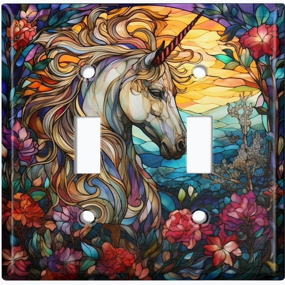 Metal Light Switch Wall Plate Outlet Cover (Printed Image of Stained Glass Unicorn - Double Toggle)