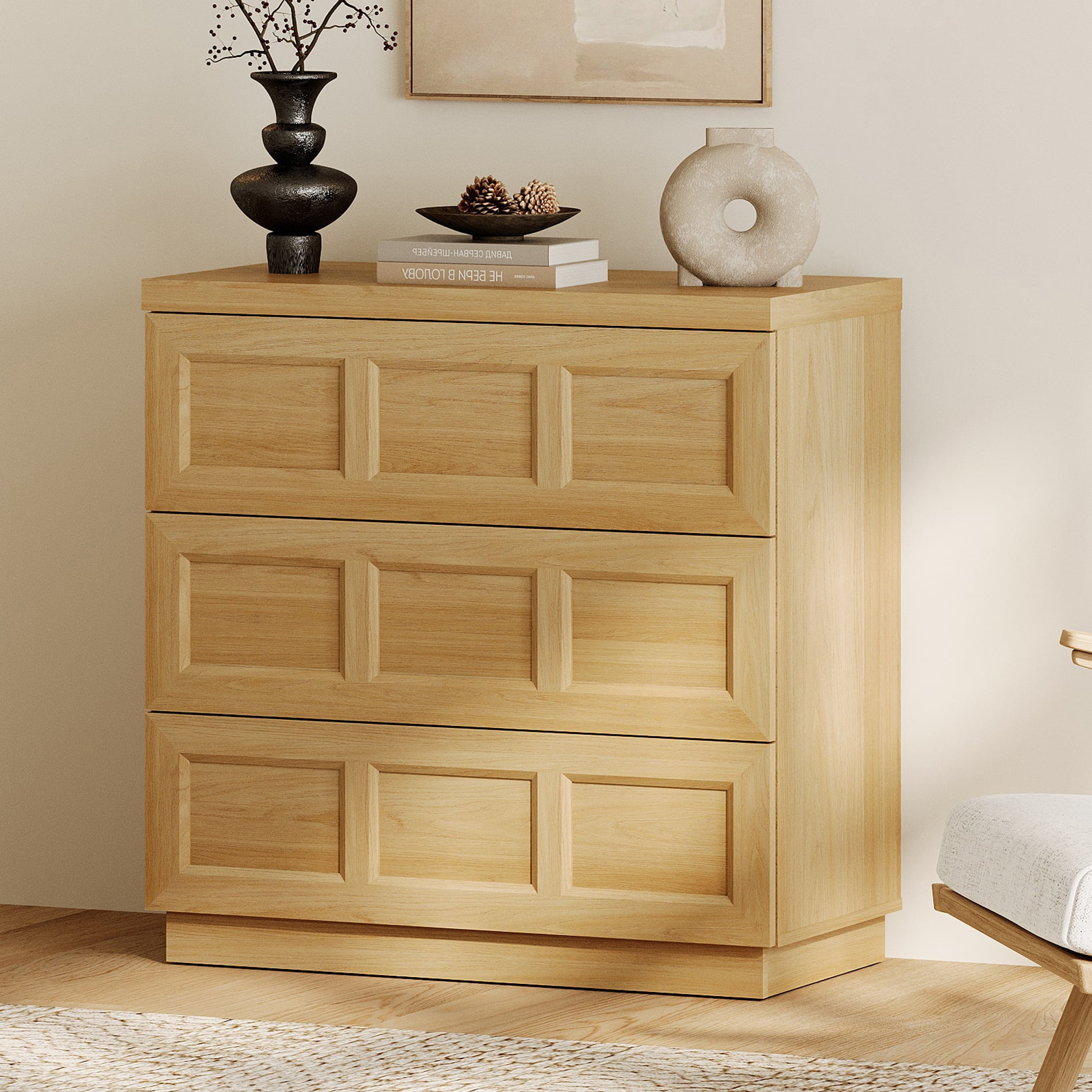 HOMOOI Modern Wood Dresser,Boho 31.5" Anti-Wobble Silent Storage Dresser with 3 Pop-Up Handle-Free Chest of Drawers，for Bedroom, Living Room,Oak