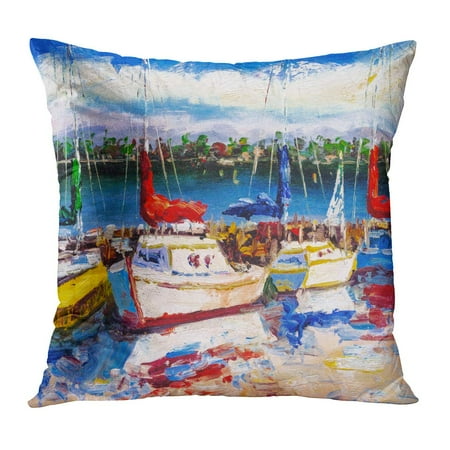 Watercolor Harbor - ECCOT Colorful Abstract Oil Painting Harbor View Watercolor Artistic Boat Boating Bridge Brush Pillowcase Pillow Cover Cushion Case 18x18 inch